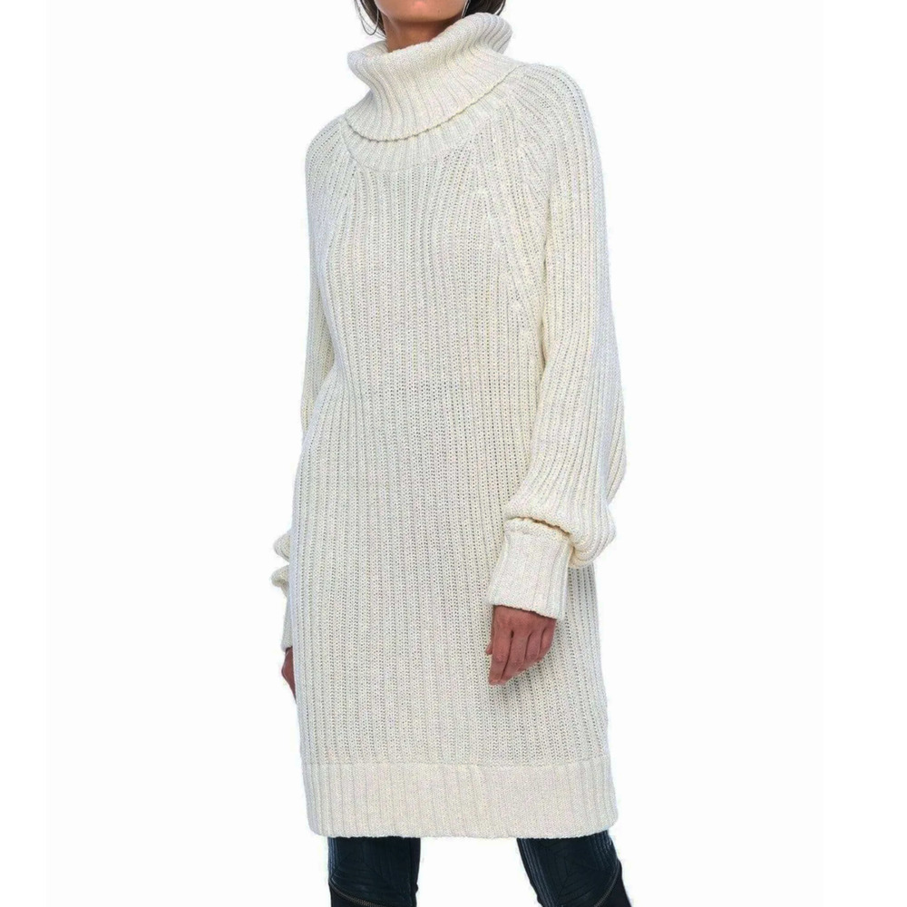 Jonny Cota Long Sweater Dress Womens Medium Large Cable Knit Turtleneck Beige